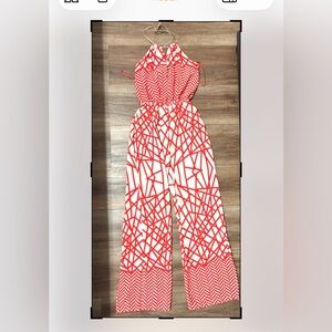 Arden B Red and White Geometric Jumpsuit
